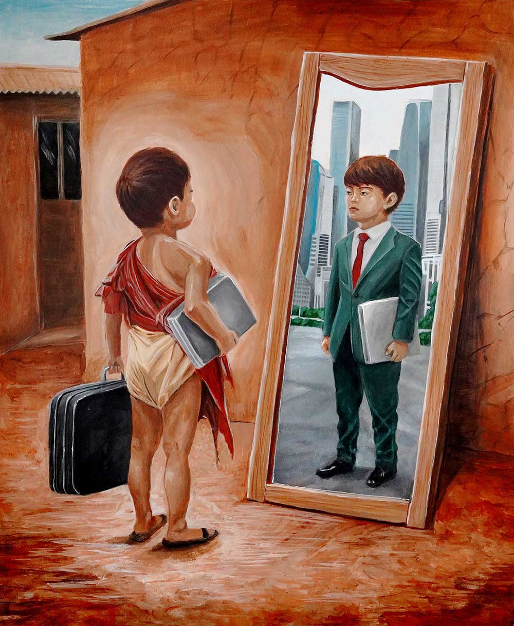 Ethan Han - Future Reflected, an artwork painted in acrylic showing a boy in a village looking at a mirror and seeing himself in a suit and in the city. Winner of the 2026 Youth Art Compeition.
