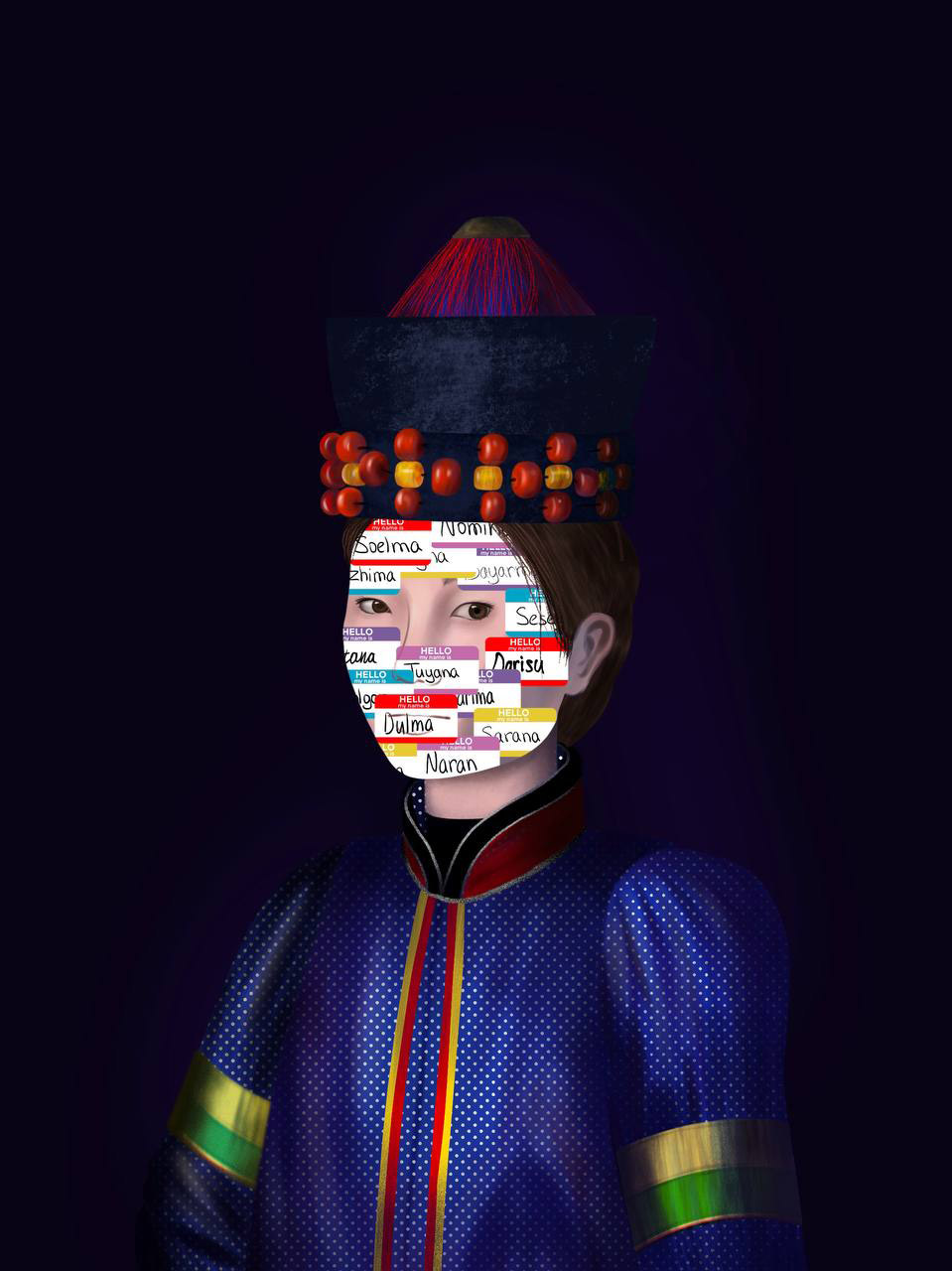 Darisu Badlueva, My name is..., a digital artwork of a young woman in traditional dress with her face covered with name tags with names from her culture on them.
