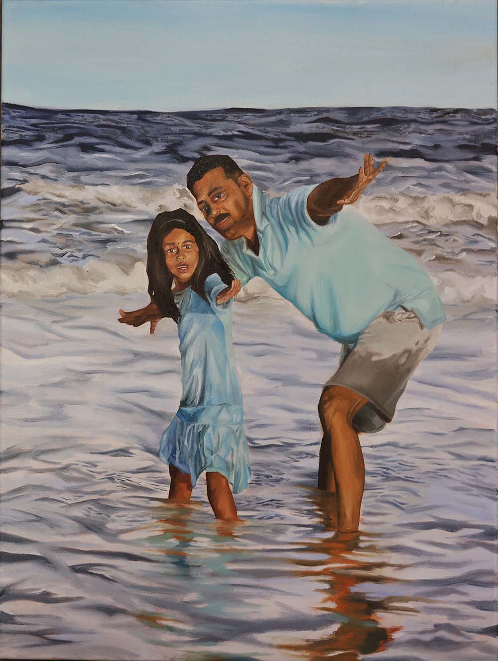 Meghana Akarapu - Learning to Float - an oil painting of a girl and her father standing in the ocea waves together.
